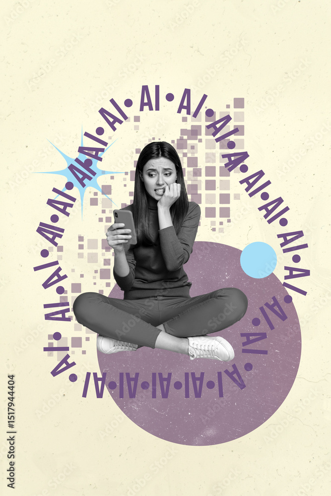 Poster image poster collage of person scared use gadget with ai phrase circle on pastel background