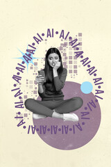 Image poster collage of person scared use gadget with ai phrase circle on pastel background