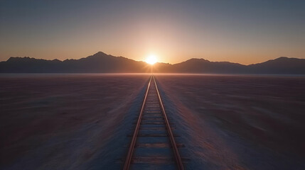 Sunrise Over Empty Railroad Tracks In Desert Landscape