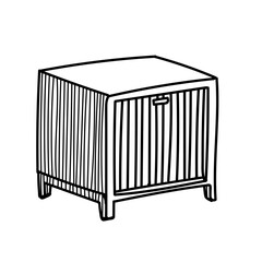 Vector illustration of a low document chest of drawers in black and white doodle style. Hand-drawn line art on a white background. Minimalist storage furniture design.