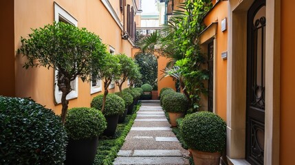 Fototapeta premium A warm and inviting outdoor garden with small palm trees planted along a stone pathway, creating a serene, natural escape.