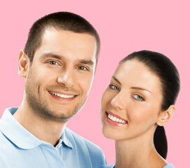 Portrait - smile cute young couple boyfriend girlfriend, beautiful woman, man in blue denim shirt cloth isolate rose pink background. Happy love concept. Dental health care. Square