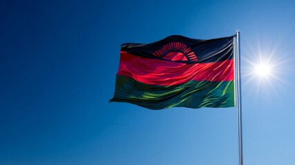 Malawi flag waving proudly in celebration of Independence Day under a clear blue sky