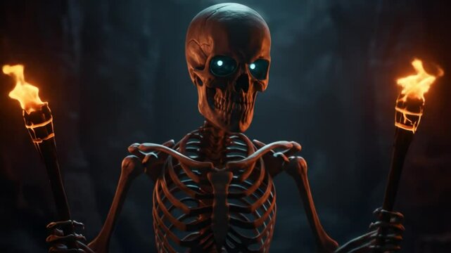 Skeleton figure with torches in dark cave