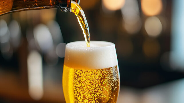 Golden elixir cascades into a frothy chalice, Oktoberfest delight meets craft brew alchemy, effervescent liquid gold celebration