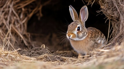 Fototapeta premium A wild brown rabbit inside a burrow, partially hidden by loose soil and dry grass.