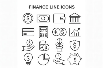 Financial Icons: Simple finance line icon with a variety of financial elements, business banking, investment, and financial concepts. Showcasing financial aspects for economic concepts.