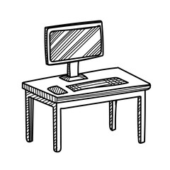 Vector doodle of a computer desk with monitor and keyboard. Hand-drawn in sulfur white on a white background. Minimalist line art illustration.