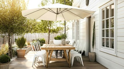 Summer Terrace Dining Serenity: A picture of a peaceful outdoor dining setting under a parasol on a sunny day, featuring a wooden table, white chairs, and lush greenery.