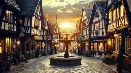 Fototapeta premium Charming cobblestone street at sunset in an old town.
