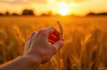 A hand picking through tall wheat stalks in a golden field at dawn