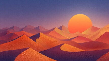 Stunning Sunset over Rolling Sand Dunes Desert Landscape Illustration