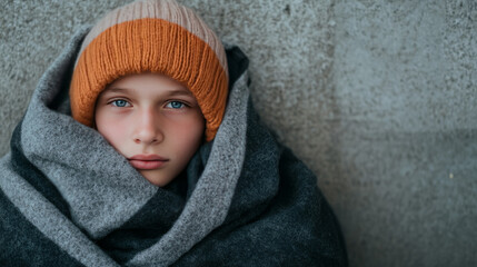 Cozy against the urban chill, a pensive Caucasian boy swaddles in wool, evoking Hygge and Winter Solstice warmth