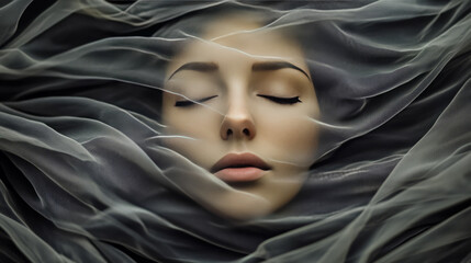 Silent reverie enfolds a serene Asian female face in gossamer veils, evoking Lunar New Year dreams and quietude