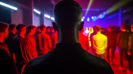 ```markdownSilhouetted figure in vibrant nightclub, under neon kaleidoscope, echoes of techno pulse, reminiscent of Nuit Blanche festivities```