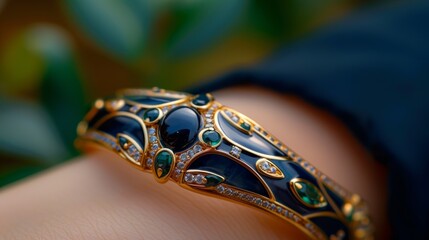 Elegant bracelet featuring intricate design with gemstones and gold accents on wrist among greenery