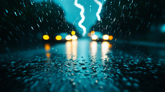 Misty downpour blurs neon headlights, evoking urban monsoon evenings, capturing ambiance of Yoru no Ame and Rainy Season Festivals
