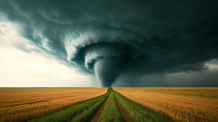 A tempestuous tornado churns ominously over golden wheat fields, embodying the raw power of nature's fury, invoking Harvest Festival reflections