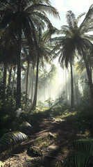 Naklejka premium Digital Illustration Of A Misty Tropical Forest Path