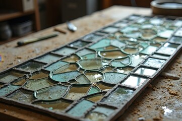 Naklejka premium Intricate stained glass panel on workshop table with tools and sawdust