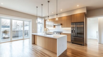 Modern Kitchen Design: Light Wood Cabinets, Island, and Stainless Steel Appliances