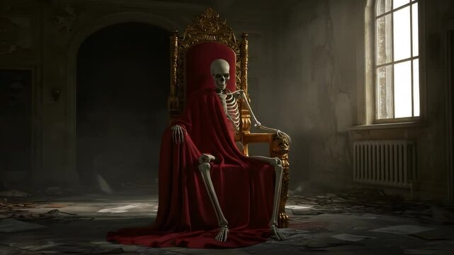 Skeleton king on ornate throne in abandoned room