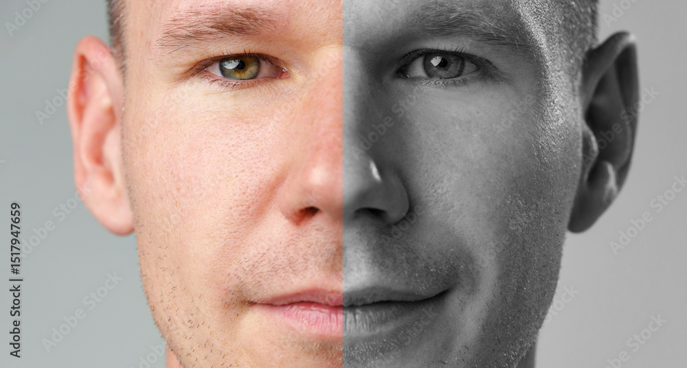 Poster portrait of a man showcasing a split-tone effect with one side in color and the other in black and w