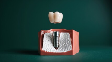 A dental implant model displays a metallic implant base with a realistic crown hovering above it