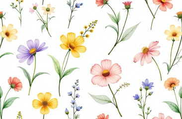 Seamless watercolor floral pattern, delicate wildflowers. Elegant, botanical composition