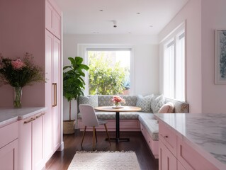 Fototapeta premium Pink kitchen with a window seat and built-in bench.