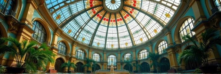 Elegant architecture of a grand glass domed atrium with fountain and palm trees