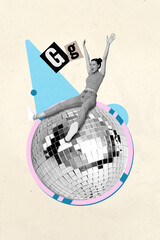 Pop poster collage of person ride sit front glitter disco ball on pastel color background