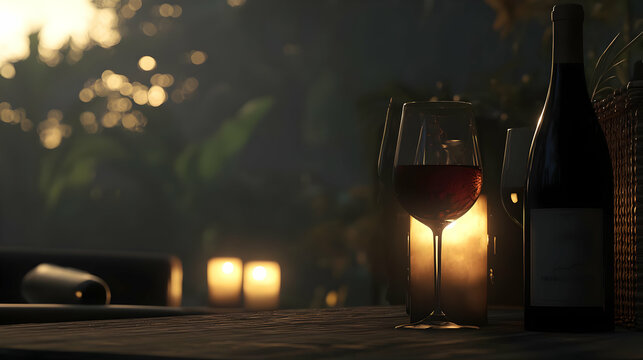 Elegant Wine Glass And Bottle In Outdoor Setting At Sunset