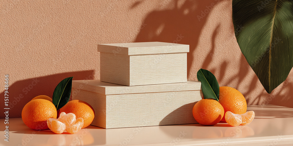 Poster two beige boxes on a peach-colored surface, surrounded by tangerines and leaves, creating a product 