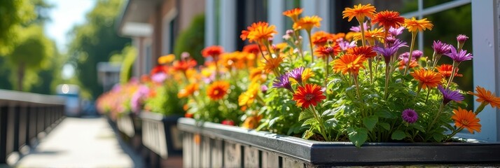 Vibrant urban garden with colorful flowers in bloom alongside city street