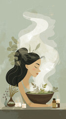 Natural skincare routine at home in flat design style featuring a serene young woman with herbal bowl and steam