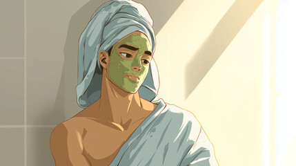 Natural skincare routine at home in flat design style featuring a young man with a green face mask looking contemplative