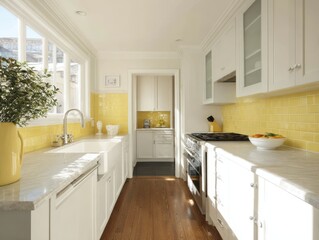 White kitchen with yellow subway tile backsplash.