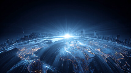 Global network illustration, showcasing illuminated cities and connecting lines, symbolizing global communication, connectivity, and international business