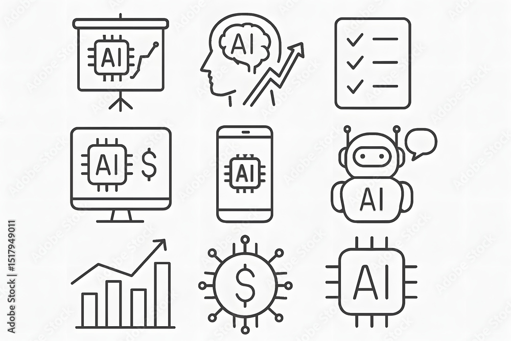 Aufkleber ai technology icon set: a comprehensive collection of simple, elegant icons illustrating artificial 