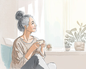 Senior woman with a joyful expression holding a cup by the window with potted plants