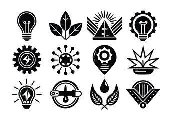 Collection of 12 Unique Black and White Icons Energy, Nature, Technology, and Innovation