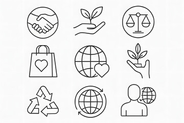 Environmental Icons: A collection of elegant line art icons representing key concepts related to environment, conservation, and sustainability.
