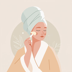 Natural skincare routine at home in a pastel style featuring a woman gently applying a face mask with a brush