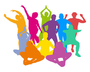 Bunte Silhouetten vieler Menschen bei Yoga, Gymnastik und Stretching