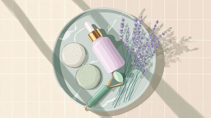 Natural skincare routine at home in a contemporary style featuring skincare products and lavender on a green plate
