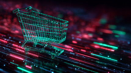 Transparent green shopping cart on neon red and green light trails background, showcasing online shopping concept, speed and digitalization of commerce