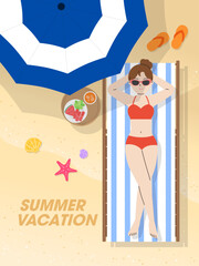 Woman sunbathing on beach during summer vacation