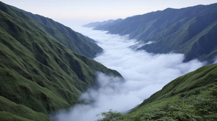Obraz premium Mist blankets verdant mountains like a celestial river, invoking magical realism and the spring equinox, transcendent landscapes meet ethereal enchantment