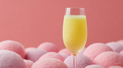 A flute of effervescent mimosa perched on a whimsical field of pastel candy clouds, perfect for Bubble Bath Day or National Brunch Month